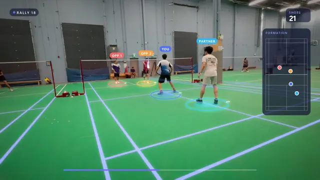 A club doubles game with all four players labelled and a small court map showing where each one stands