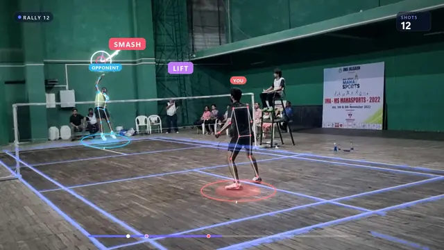 A tournament rally with the far player's smash and the near player's lift labelled