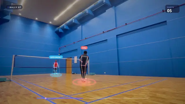 Two players in a blue sports hall, each outlined and labelled, with the rally number in the corner